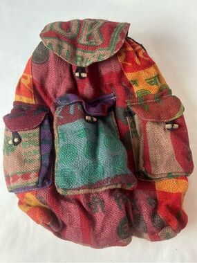 Bohemian Recycled Burlap Rice Bag Backpack Rucksack Multicolor Unisex